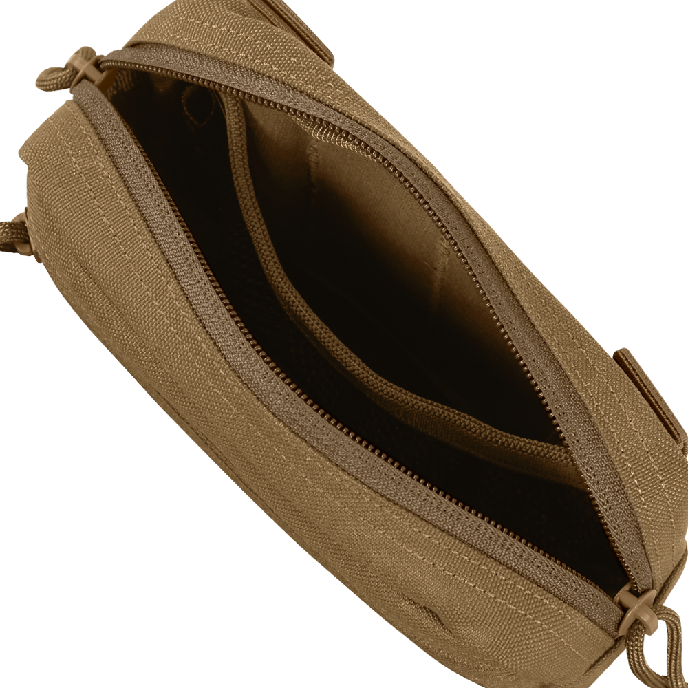 The Condor Compact Utility Pouch in tan fabric is shown from above with the zipper open, displaying an empty main compartment and inner pocket—perfect for bushcraft essentials or law enforcement gear.