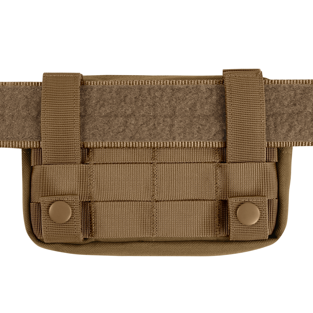 The Condor Compact Utility Pouch is a tan tactical pouch with MOLLE webbing and dual snap-button straps, easily attachable to a belt—perfect for law enforcement or first responder gear.