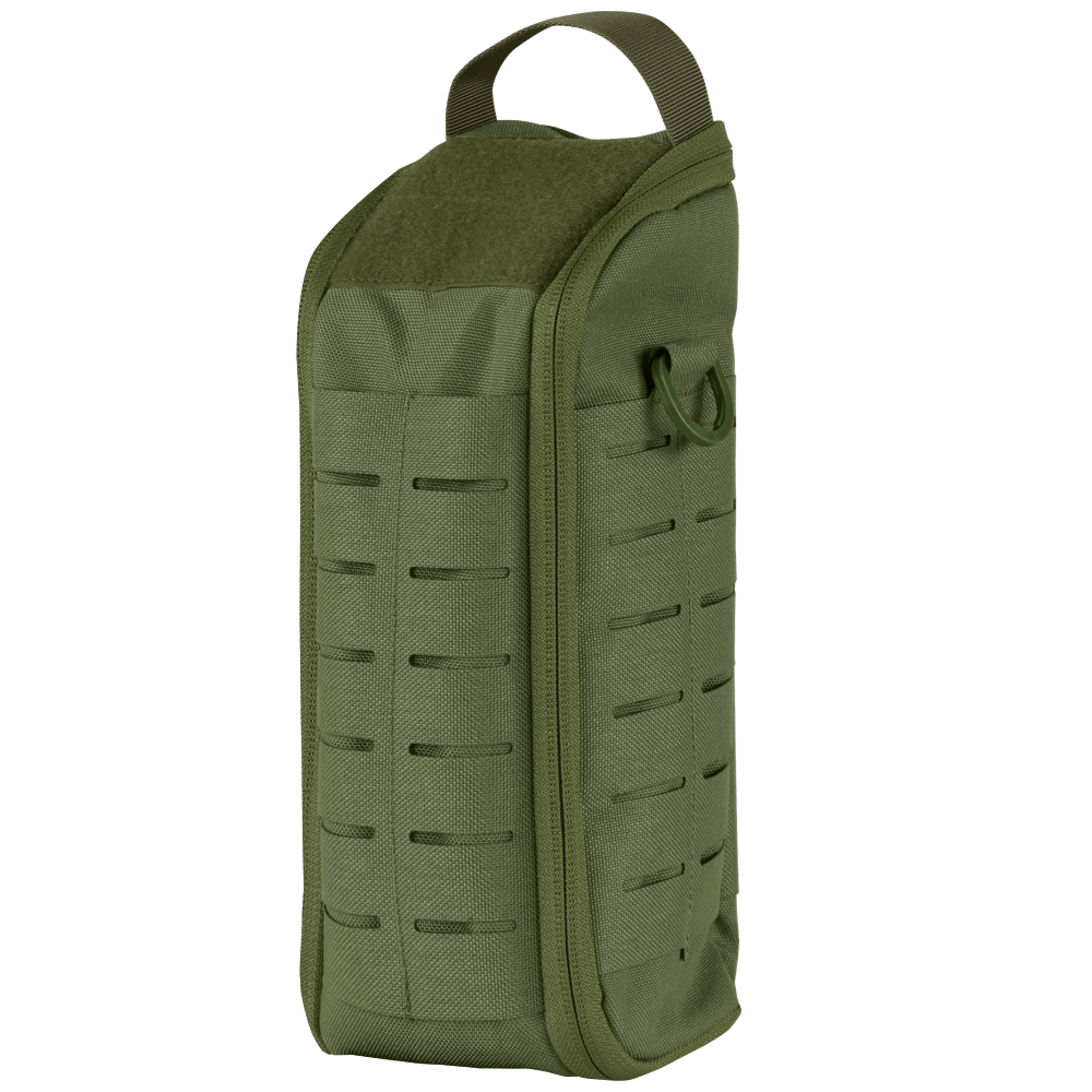 The Condor Field Pouch | SALE in Olive Drab features a top handle, zippered closure, and laser-cut MOLLE slots on the front and sides for modular attachment.