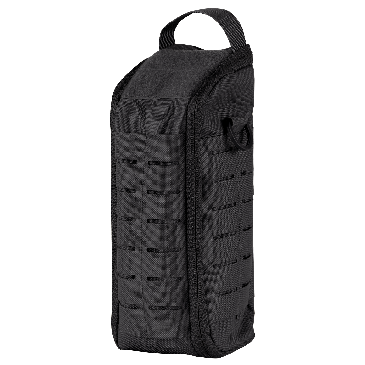 The Condor Field Pouch | SALE, shown in black, features a top handle, zippered closure, and front laser-cut MOLLE webbing, displayed upright against a plain background.