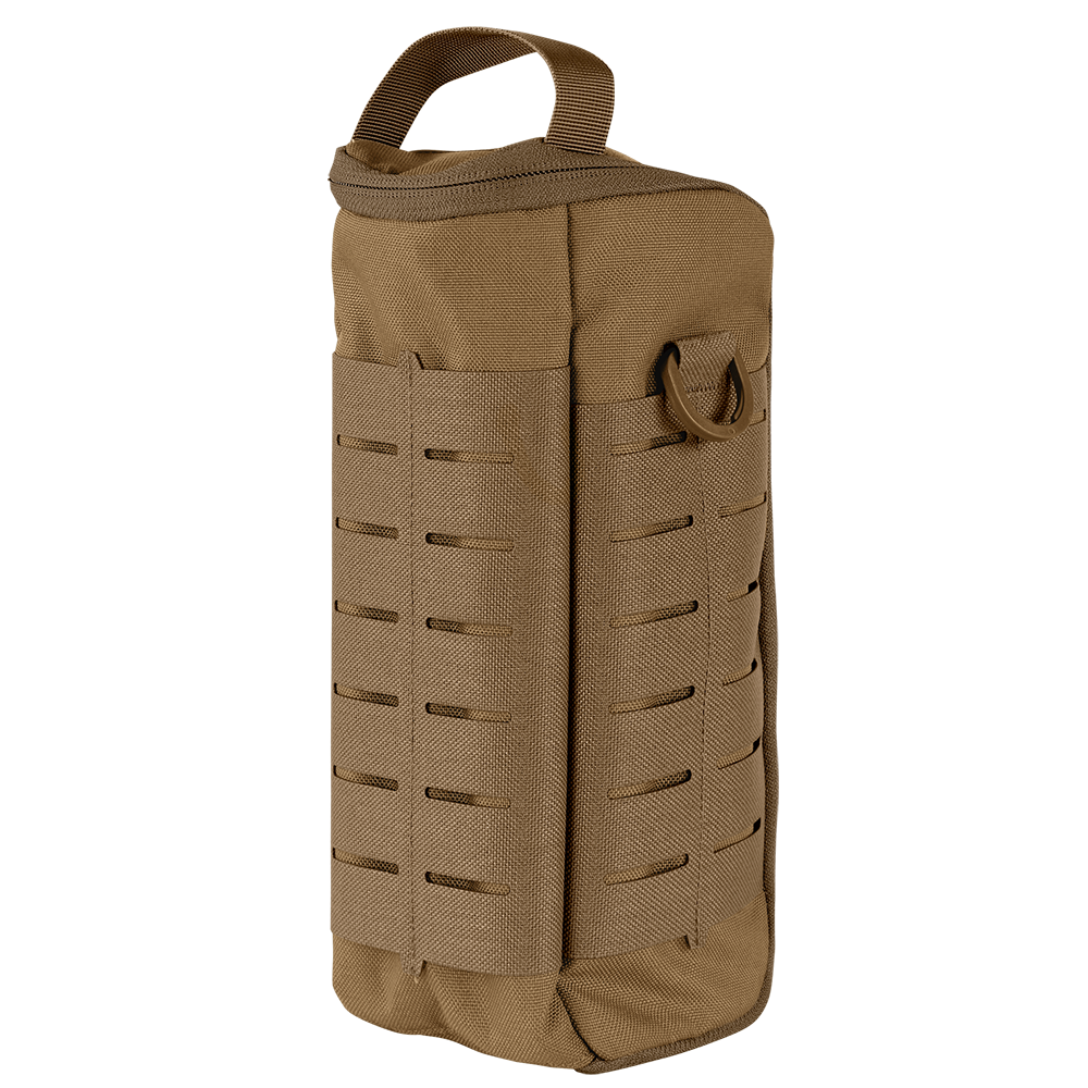 The Condor Field Pouch | SALE is a tan tactical pouch featuring a top handle, side D-ring, and front laser-cut MOLLE webbing, designed for attachment to gear or backpacks.
