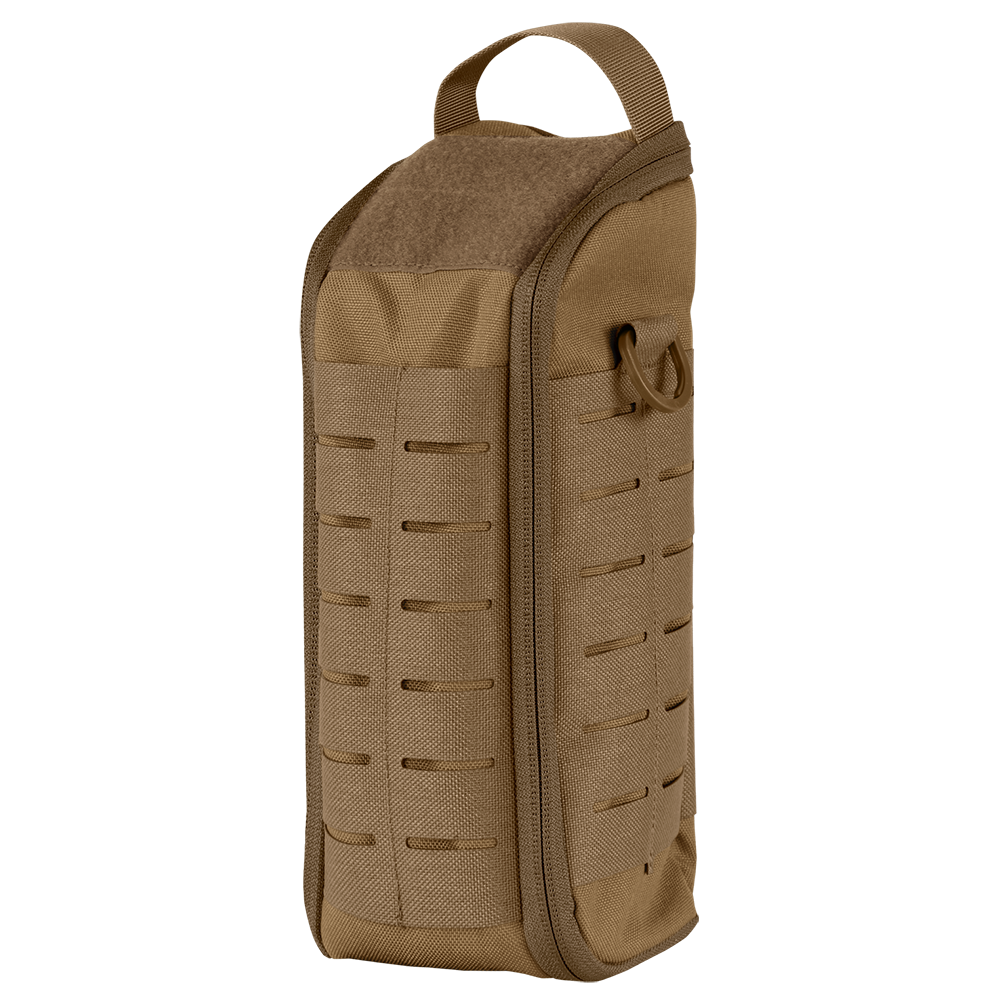 The Condor Field Pouch | SALE in coyote brown features a handle, zippered closure, and laser-cut MOLLE webbing on the front, standing upright on a plain background.