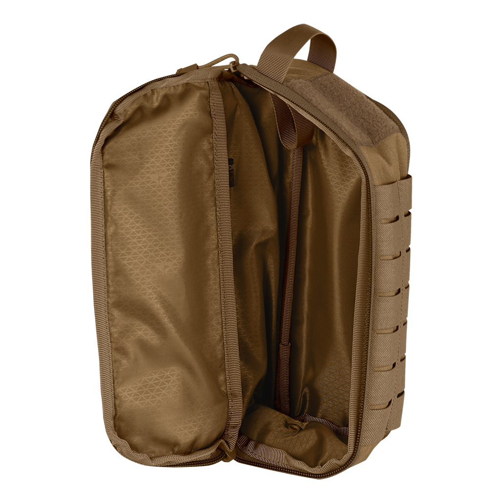 The Condor Field Pouch | SALE is a brown, durable fabric zippered pouch, shown open with internal compartments and loops for organized storage.