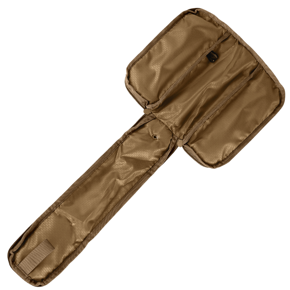 The Condor Field Pouch | SALE is a brown, rectangular, foldable nylon case with two large flaps open to reveal interior compartments and a small side strap.