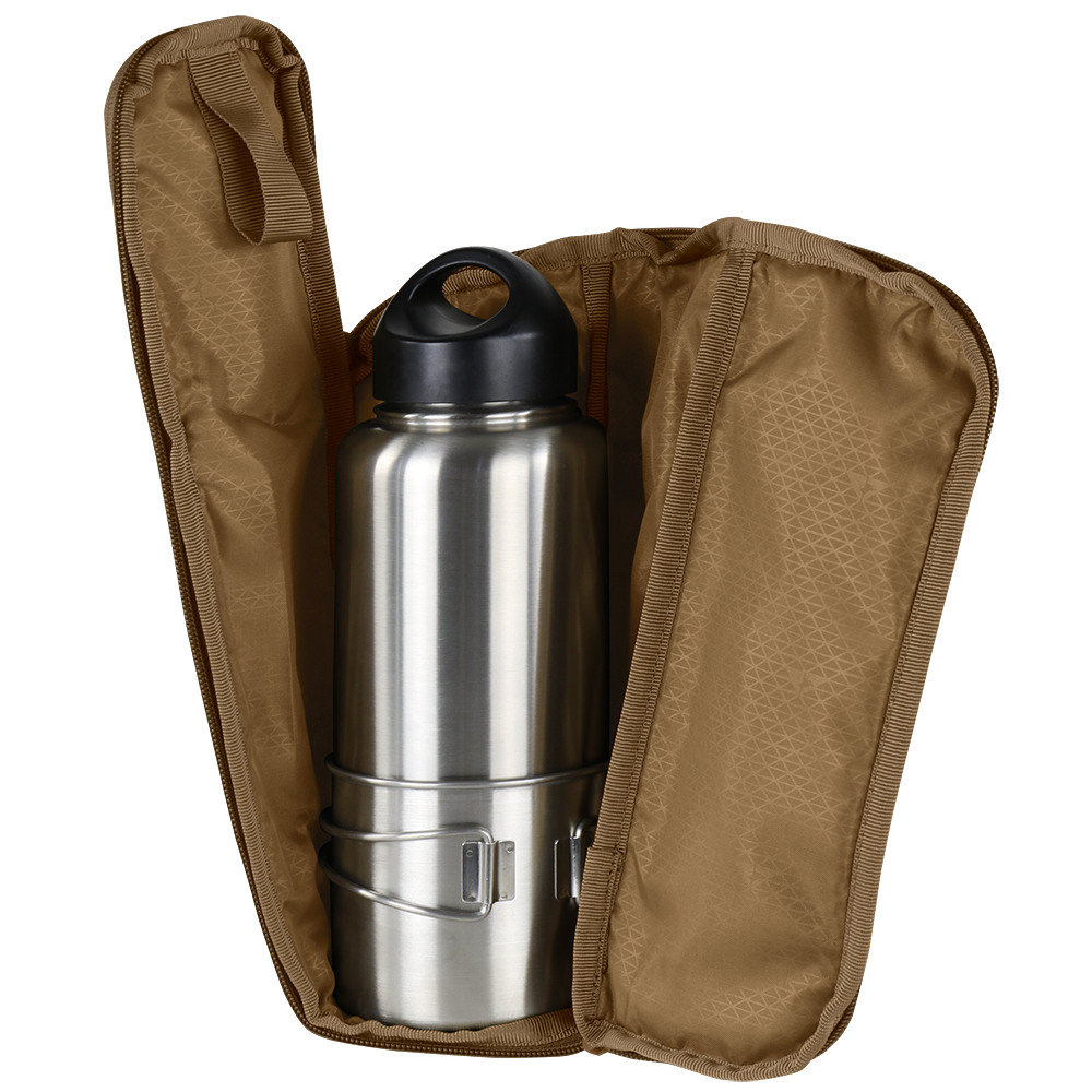 The Condor Field Pouch | SALE is stored inside an open tan zippered carrying case and includes a stainless steel thermos with a black cap and metal cups.