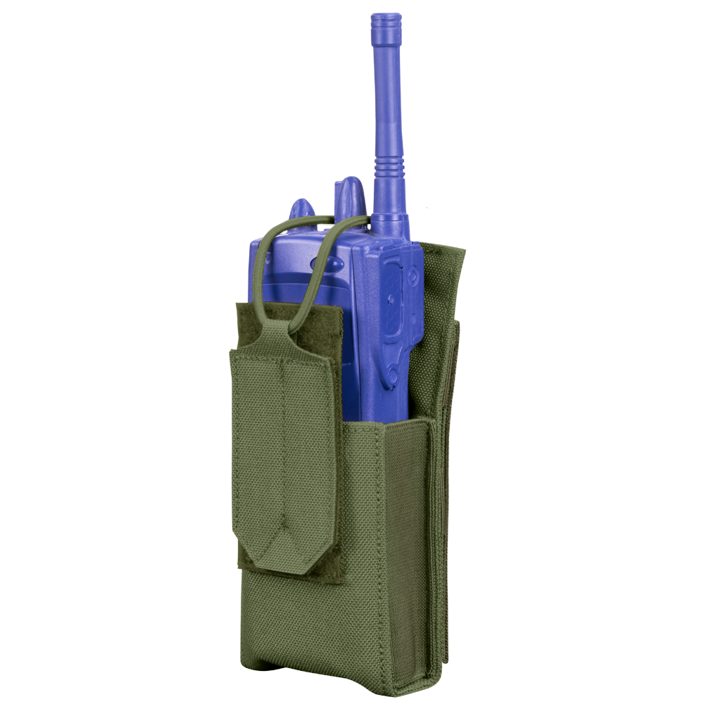 A Condor Patrol Radio Pouch Gen II in Olive Drab fabric with a flap is pictured upright against a plain background.