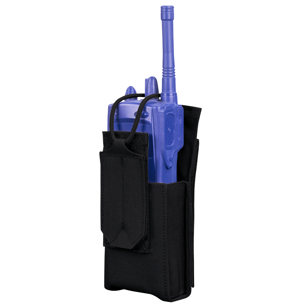 The Condor Patrol Radio Pouch Gen II, a black nylon holster with front flap and securing strap, securely holds your two-way radio—perfect for bushcraft or law enforcement uses.