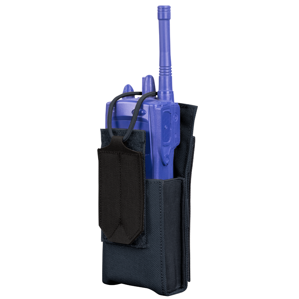 The Condor Patrol Radio Pouch Gen II, shown upright against a white background, is a black fabric holster with an adjustable strap—ideal for EDC or military use.