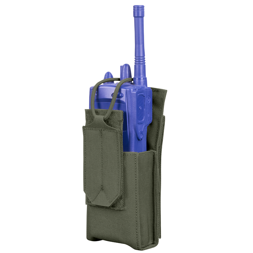 The Condor Patrol Radio Pouch Gen II, a green fabric pouch with flap cover and side openings, securely holds a blue two-way radio—ideal for bushcraft or first responder use.