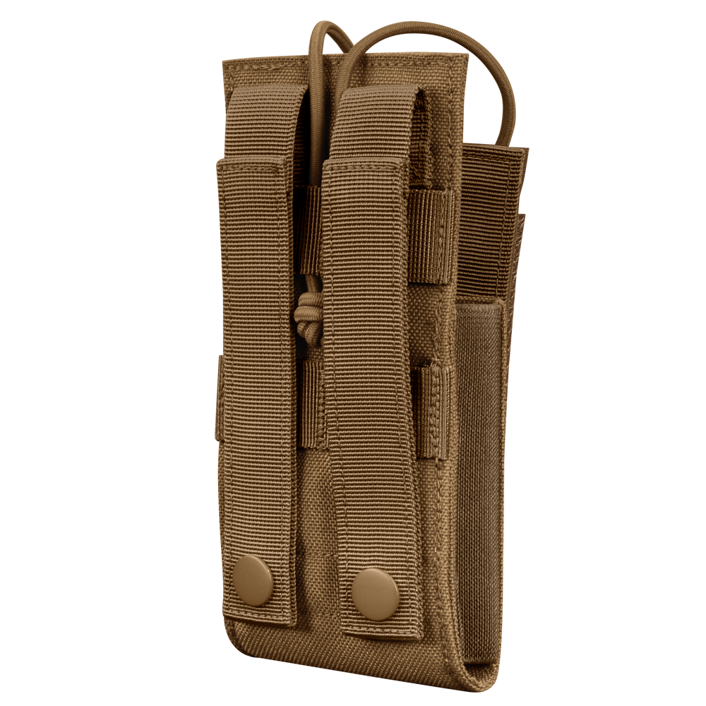 The Condor Patrol Radio Pouch Gen II is a tan nylon tactical pouch with two snap-button straps and adjustable bungee closure, designed to securely hold radios or similar items—ideal for military use or trips to the range.