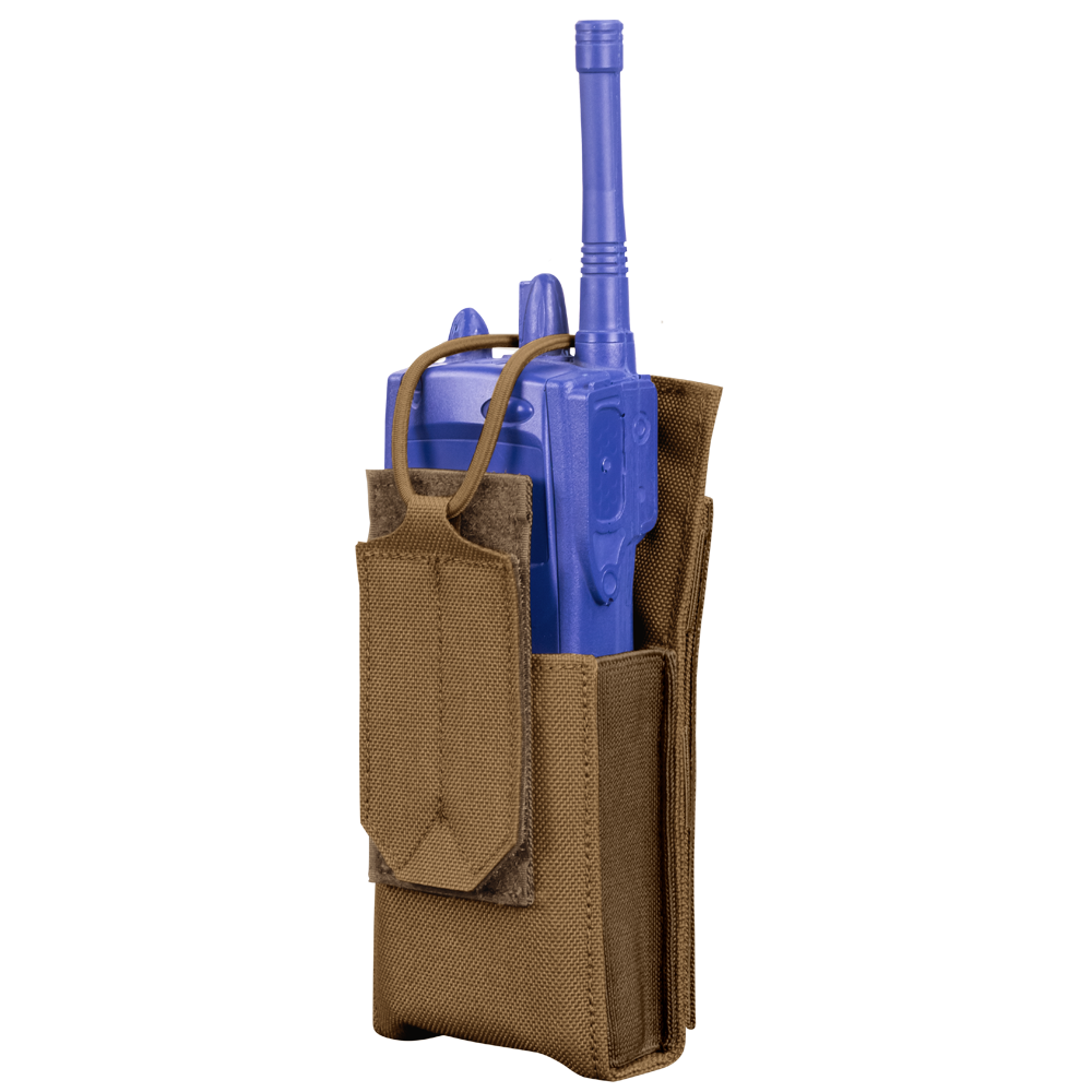 The Condor Patrol Radio Pouch Gen II in brown fabric with a flap cover holds a blue handheld radio, ideal for bushcraft or EDC, shown against a white background.