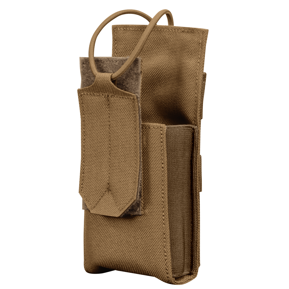 The Condor Patrol Radio Pouch Gen II is a tan fabric pouch with an open main compartment and front flap secured by a strap, ideal for carrying radios or similar EDC items at the range or in tactical environments.