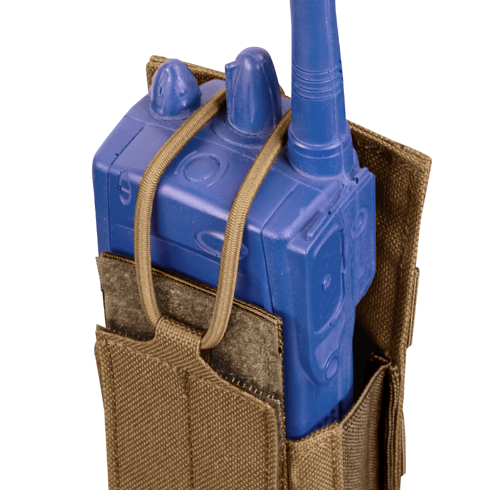 The Condor Patrol Radio Pouch Gen II in brown securely holds a blue training radio with elastic straps, making it ideal for military use or as EDC gear at the shooting range.