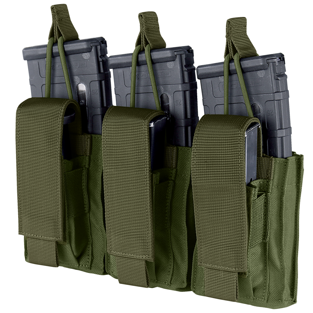 Three Condor Triple Kangaroo Mag Pouch Gen II in Olive Drab, each holding a black rifle magazine with flap closures and pull tabs visible.