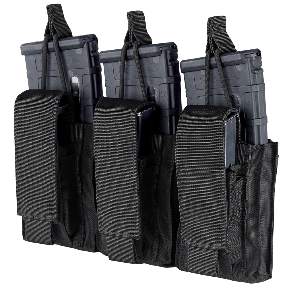 The Condor Triple Kangaroo Mag Pouch Gen II is a black tactical pouch for law enforcement or first responders, securely holding three rifle and three pistol magazines with flap and hook-and-loop closures.
