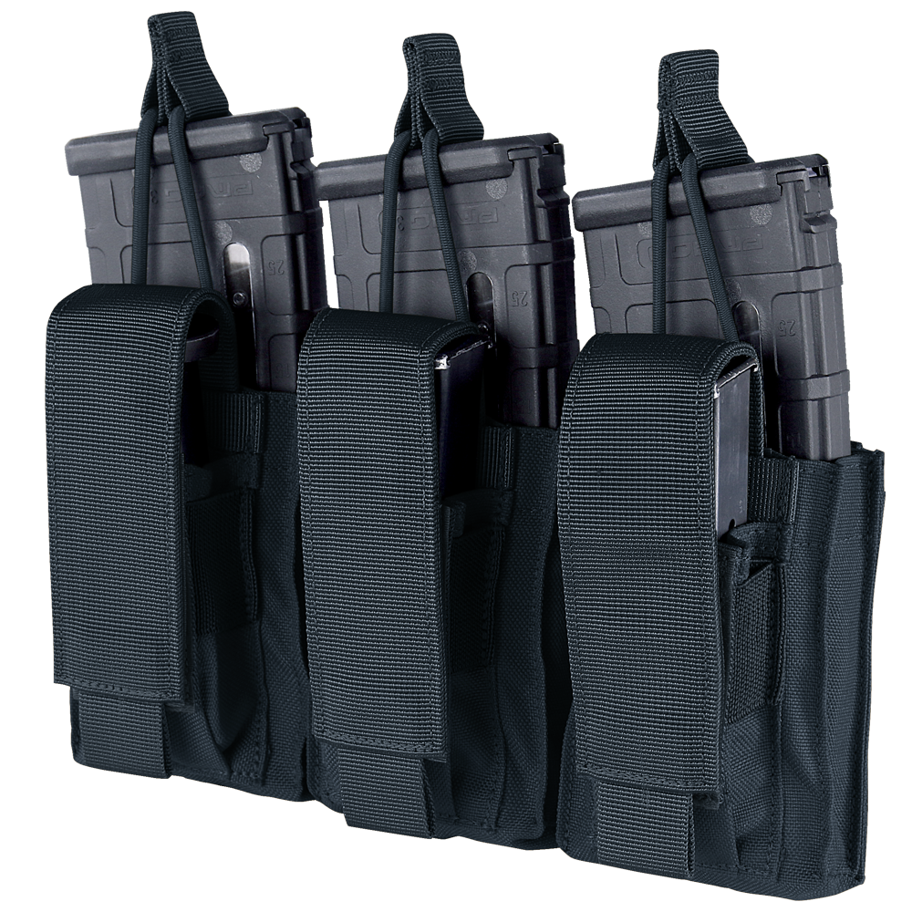 The Condor Triple Kangaroo Mag Pouch Gen II securely holds three rifle magazines with adjustable hook-and-loop straps, making it ideal for law enforcement or shooting range use.