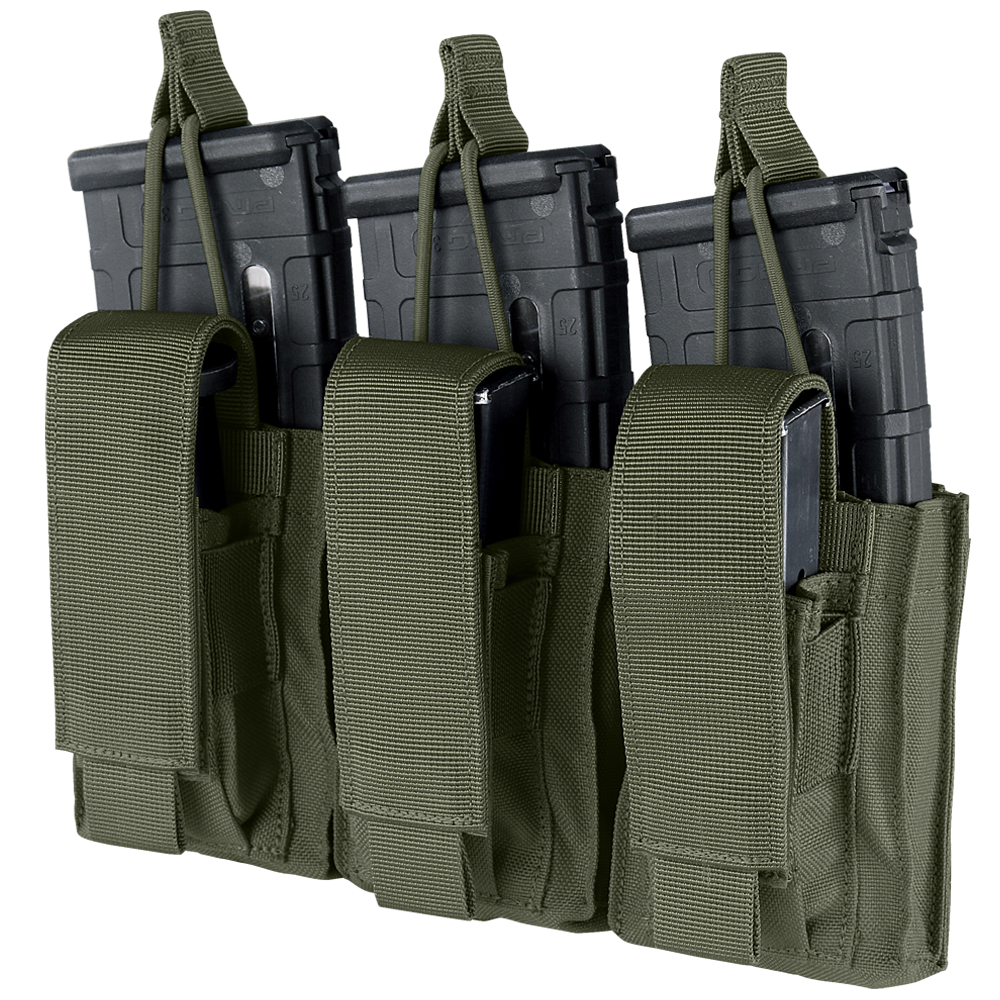 The Condor Triple Kangaroo Mag Pouch Gen II features three olive green pouches for EDC or range use, each holding a rifle magazine with Velcro flaps and aligned in a row.