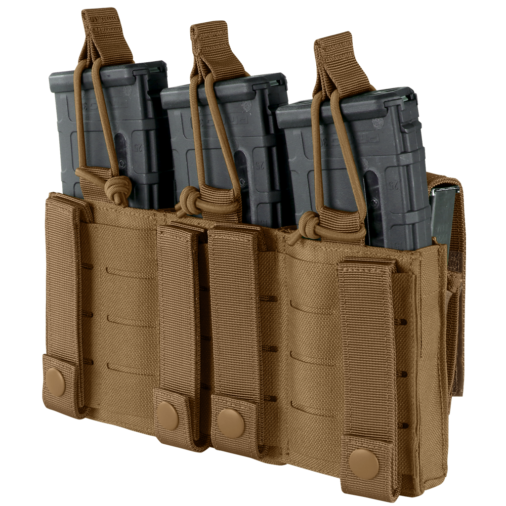 The Condor Triple Kangaroo Mag Pouch Gen II in tan is designed for military or law enforcement, securely holding three black rifle magazines with elastic retention straps.