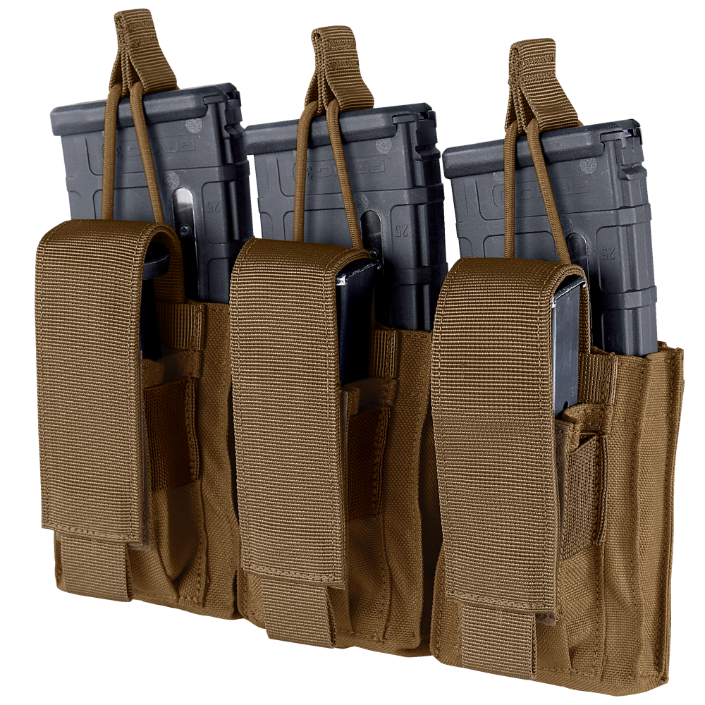The Condor Triple Kangaroo Mag Pouch Gen II in tan holds three rifle and three pistol magazines, features retention straps for security, and is perfect for EDC or the range.
