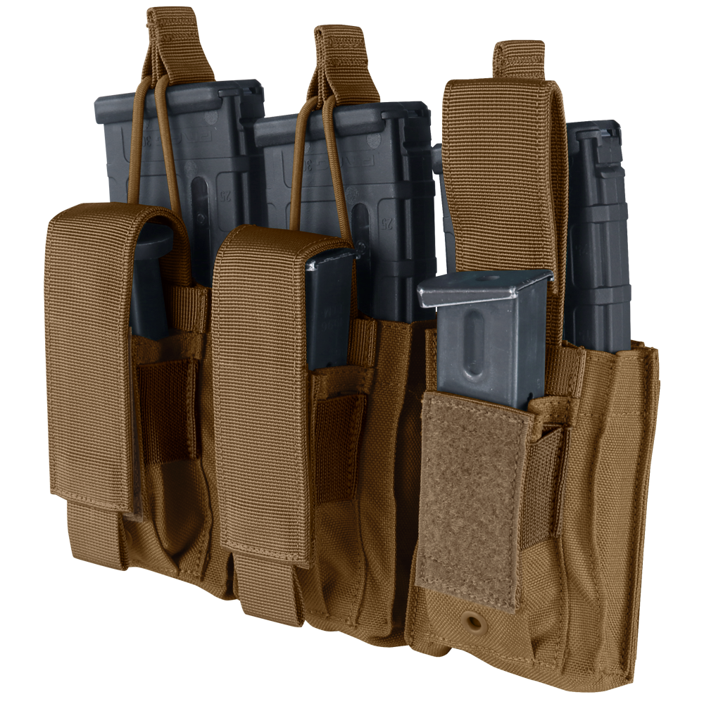 The Condor Triple Kangaroo Mag Pouch Gen II holds two rifle and one pistol magazine, ideal for EDC or military use. Tan color.