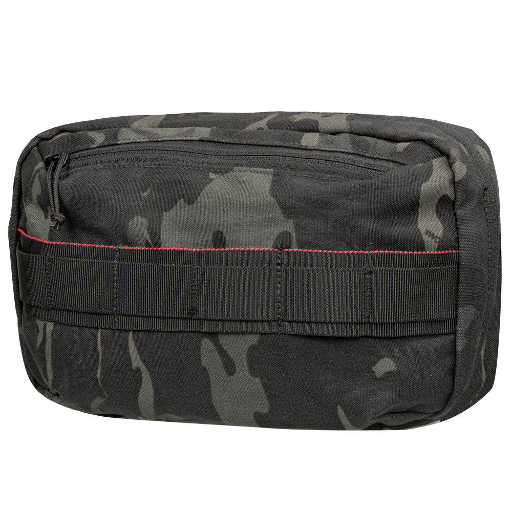 The Condor Tech Pouch - MultiCam Black is a rectangular pouch featuring black and gray camouflage, red stitching, a front zipper, and webbing loops on the front.