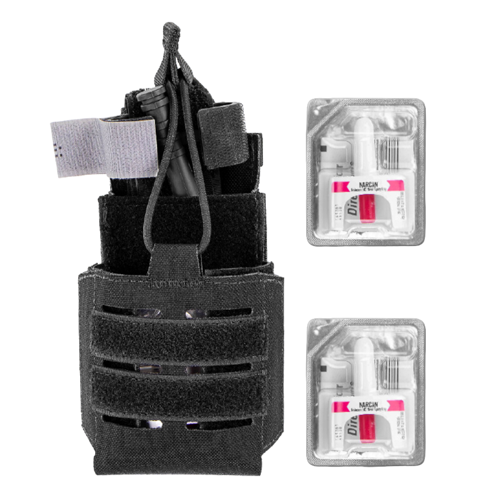 A Condor Narcan Pouch holds a tourniquet and medical shears, with two packaged medical syringes placed next to it on a white background.
