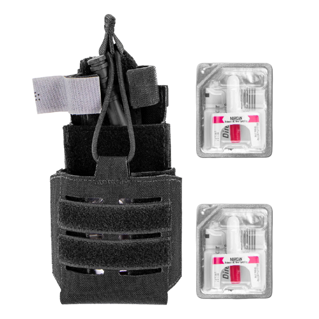 A Condor Narcan Pouch holds a tourniquet and medical shears, with two packaged medical syringes placed next to it on a white background.