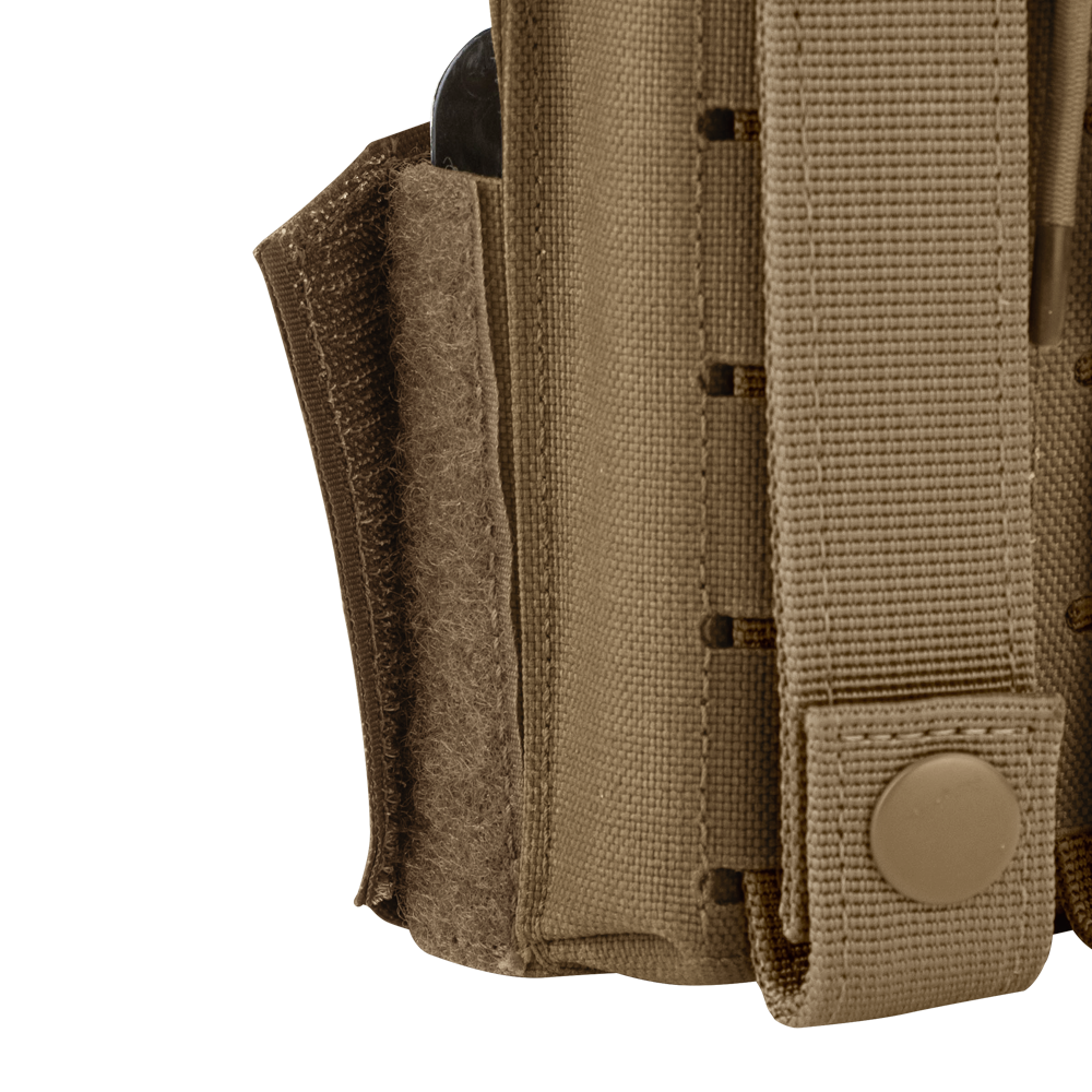 Close-up of the Condor Narcan Pouch in tan, featuring snap button and Velcro closure, partially open to reveal its contents—perfect for EDC or organizing essentials at the range.