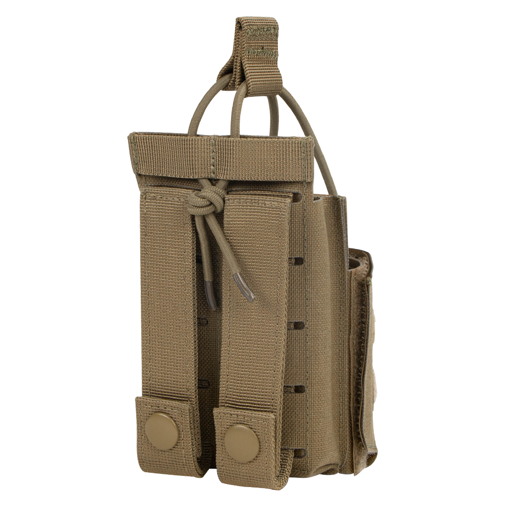 A tan Condor Narcan Pouch with MOLLE straps and snap buttons on the back, designed for law enforcement or range use, is shown standing upright against a white background.