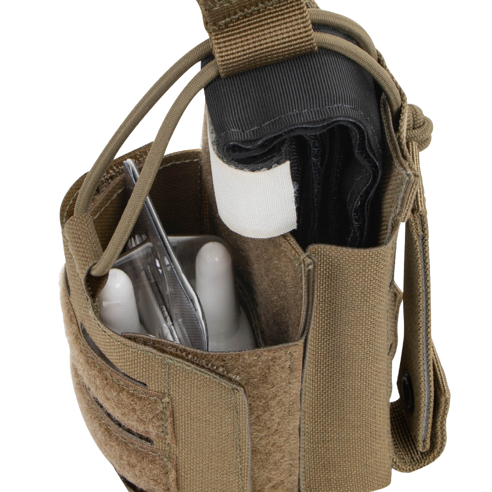 The Condor Narcan Pouch in tan holds a tourniquet, medical shears, and other instruments, with Velcro and strap closures—ideal for military, EDC, or bushcraft use.