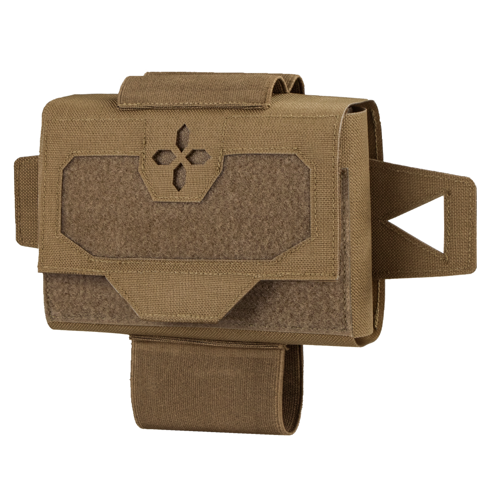 The Condor Micro TK Pouch Gen II is a brown tactical pouch with a Velcro flap, MOLLE-compatible straps, and a front patch with a decorative cutout—designed for Military or First Responder use.