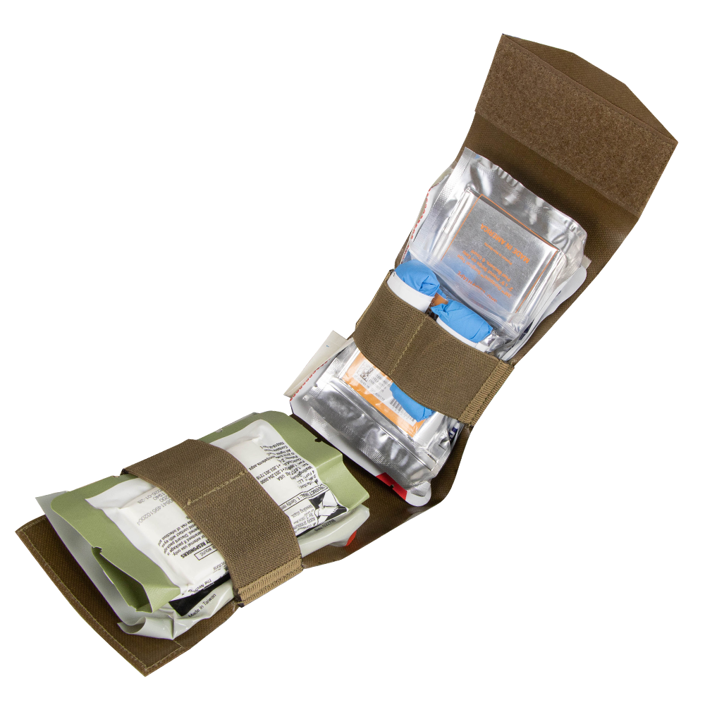 The Condor Micro TK Pouch Gen II is a compact, tactical first aid kit pouch that opens to reveal medical supplies neatly organized with elastic straps and Velcro.