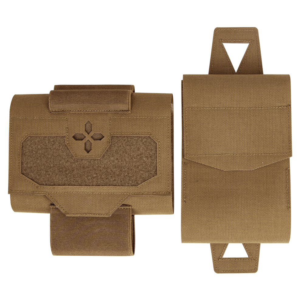 Two tan Condor Micro TK Pouch Gen II pouches, made of durable fabric, are shown front and back, each featuring Velcro flaps and loop attachments—ideal for military or law enforcement use.