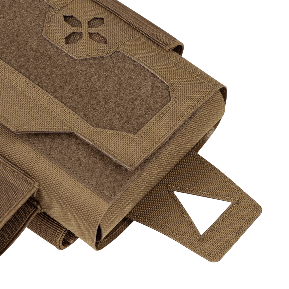 Close-up of the Condor Micro TK Pouch Gen II in tan, featuring a hook-and-loop closure and hexagonal cutout design on the flap—ideal for military or first responder use.