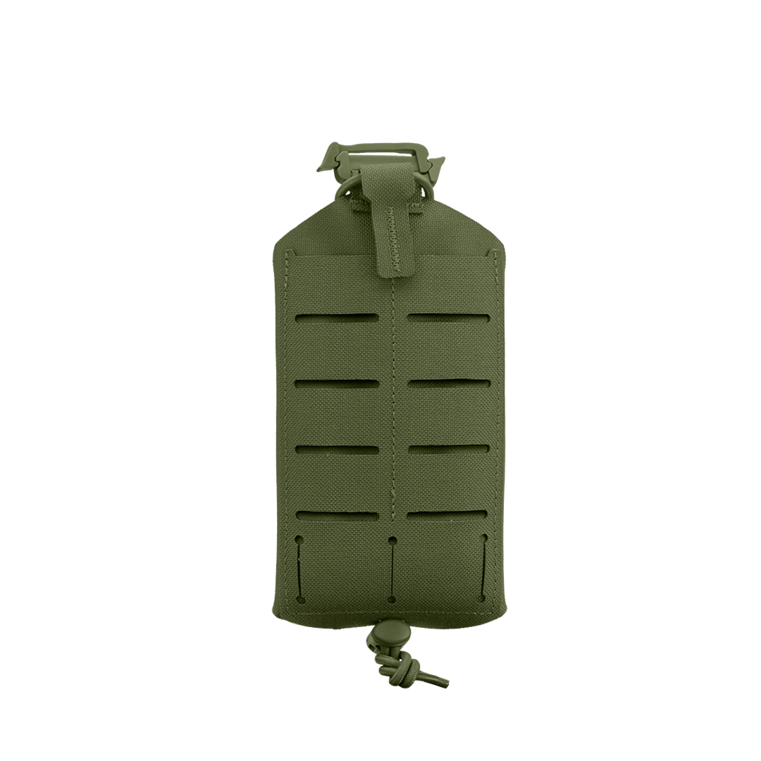 The Condor LACE Phone Pouch is olive green with horizontal slits, a top buckle strap, and a bottom drawstring closure, shown against a plain white background.