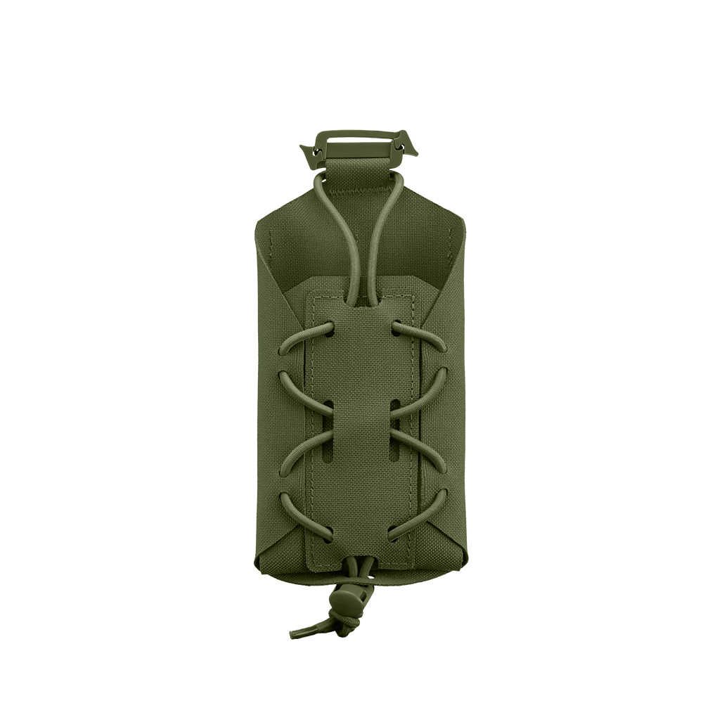 The Condor LACE Phone Pouch in olive green features adjustable bungee cord lacing for secure carry of small gear or magazines, displayed on a plain white background.