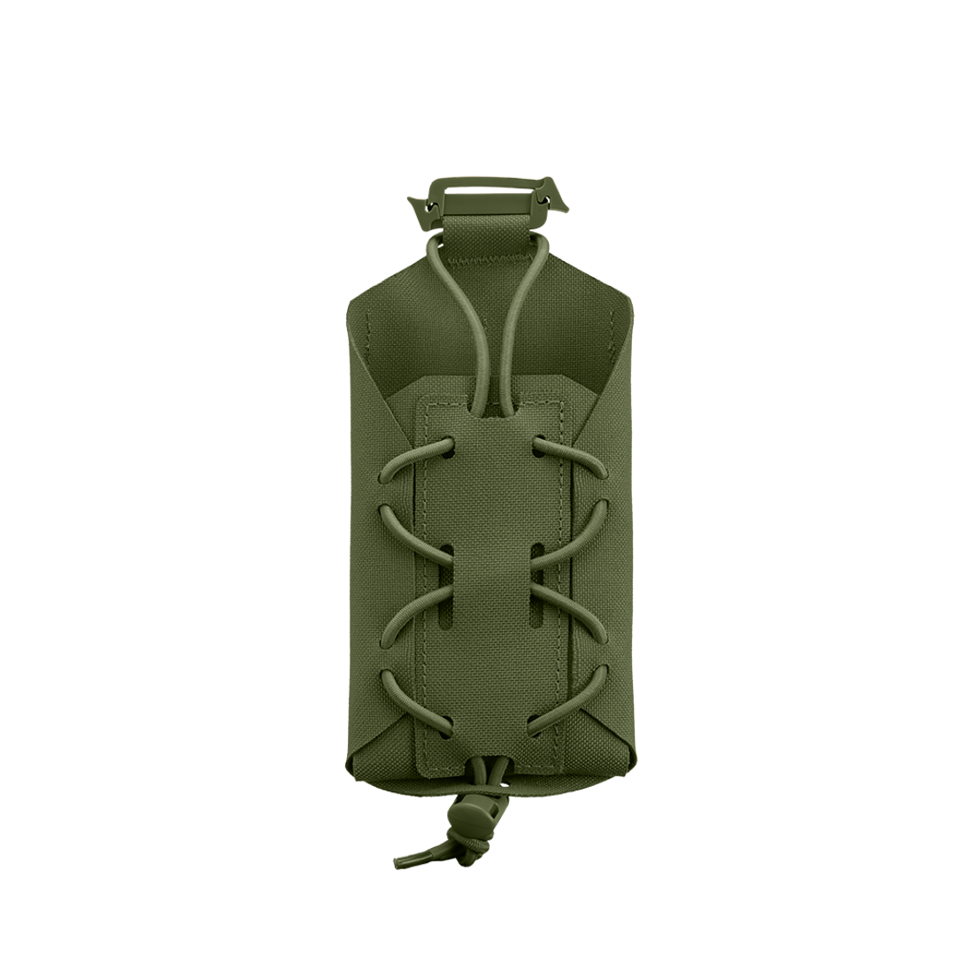 The Condor LACE Phone Pouch in olive green features adjustable bungee cord lacing for secure carry of small gear or magazines, displayed on a plain white background.