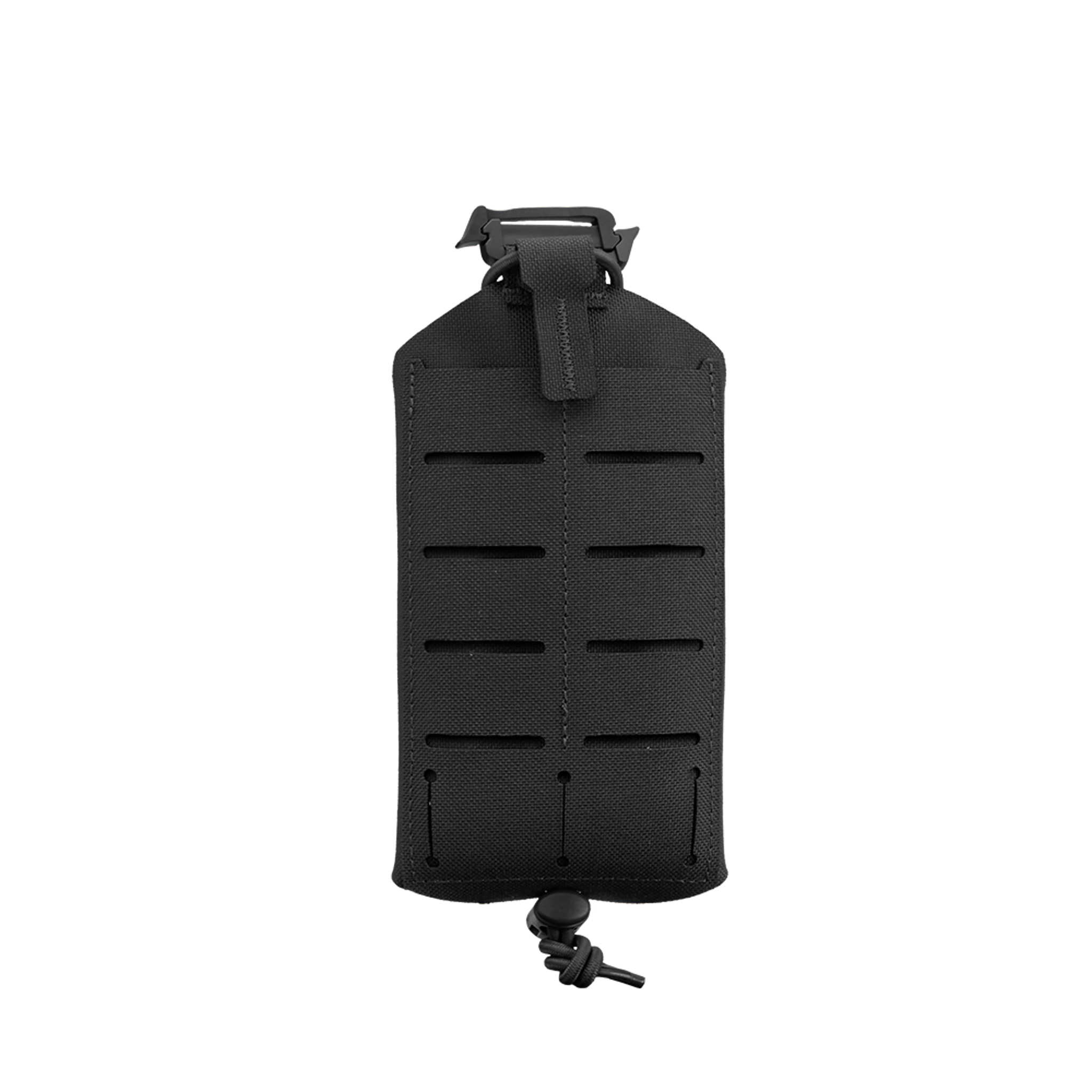 The Condor LACE Phone Pouch is a black tactical pouch featuring laser-cut MOLLE slots, a top buckle closure, and an adjustable cord lock at the bottom, shown on a plain white background.