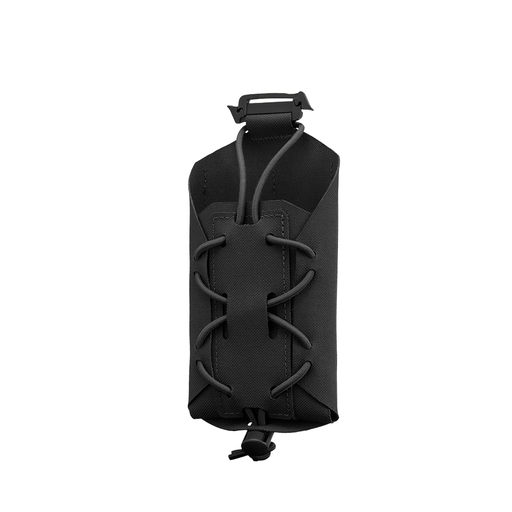 The Condor LACE Phone Pouch is a black tactical pouch with a bungee cord closure and top clip, designed for modular gear attachment.