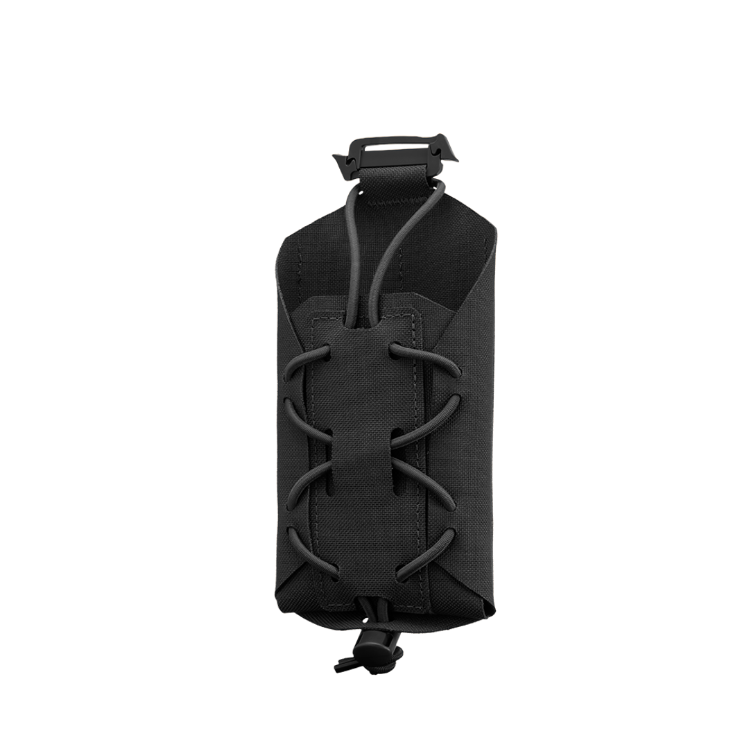 The Condor LACE Phone Pouch is a black tactical pouch with a bungee cord closure and top clip, designed for modular gear attachment.