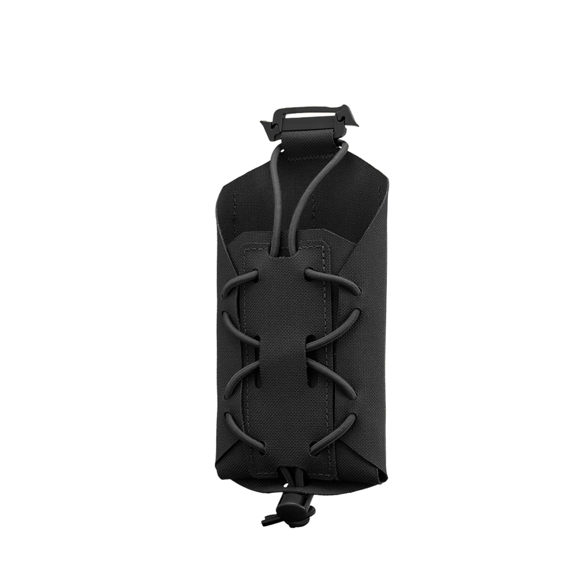 The Condor LACE Phone Pouch is a black tactical pouch featuring adjustable bungee cord lacing on the front and a buckled top strap, designed for secure phone storage and easy gear attachment.