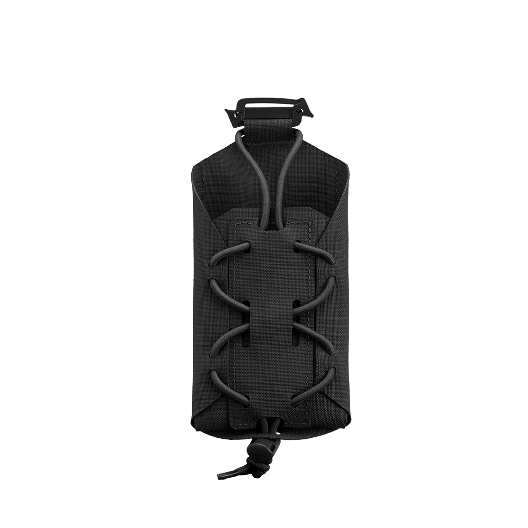 The Condor LACE Phone Pouch is a black tactical pouch with adjustable bungee cord and clip, ideal for carrying gear or accessories. Shown against a plain white background.
