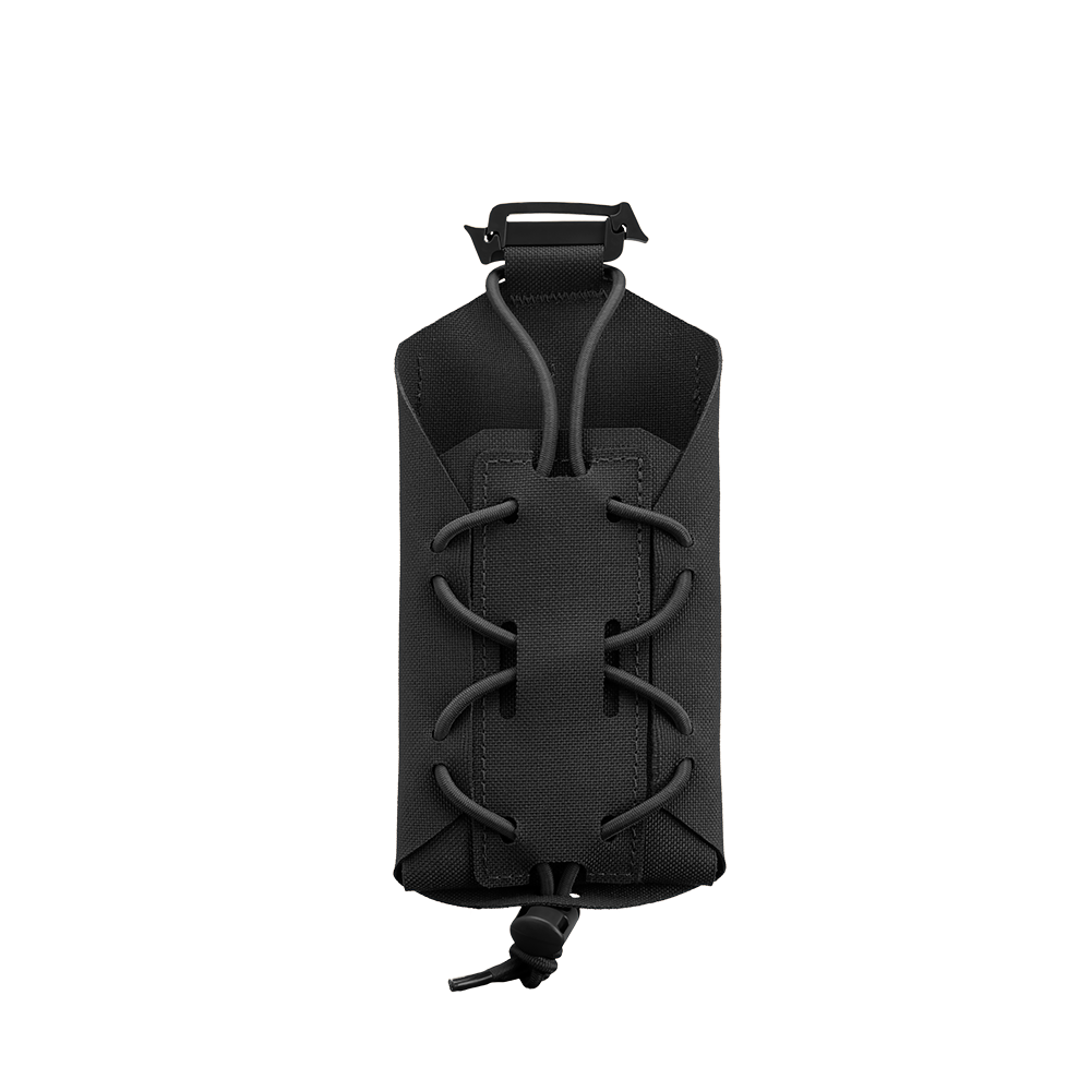 The Condor LACE Phone Pouch is a black tactical pouch featuring adjustable shock cord lacing on the front and a top buckle, designed for carrying small gear or accessories.