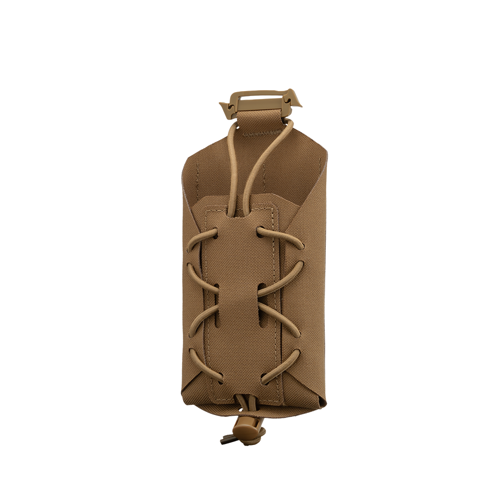 The Condor LACE Phone Pouch is a tan tactical pouch with a drawstring closure, top clip, and elastic cord lacing on the front.
