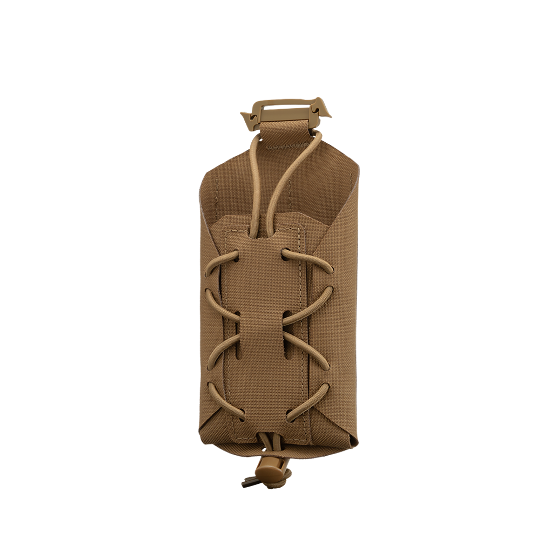 The Condor LACE Phone Pouch is a tan tactical pouch with a drawstring closure, top clip, and elastic cord lacing on the front.