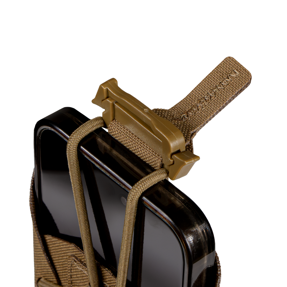 A close-up of the Condor LACE Phone Pouch—a brown tactical pouch featuring a tan buckle strap and elastic cords, holding a smartphone against a plain white background.