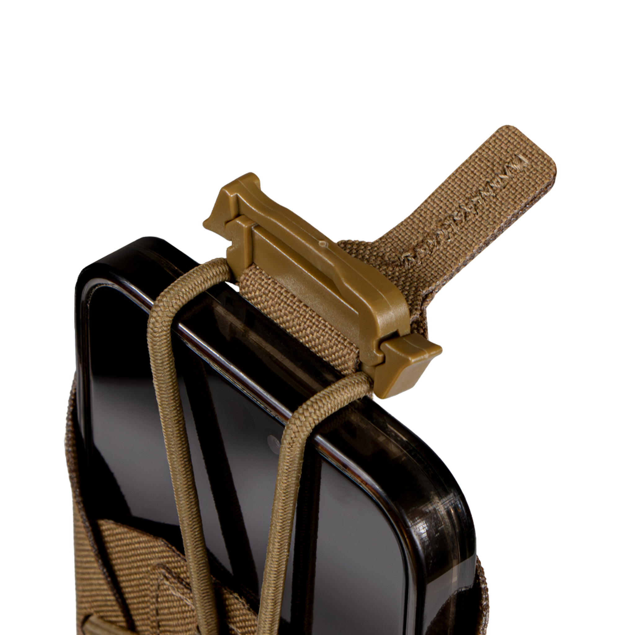 A black smartphone is secured in a Condor LACE Phone Pouch, featuring a tan tactical holder with an elastic cord and plastic buckle, displayed against a plain white background.