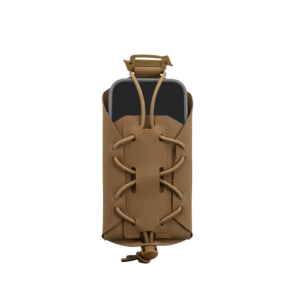 The Condor LACE Phone Pouch in brown, featuring a lace-up front, holds a partially visible black smartphone at the top against a plain white background.