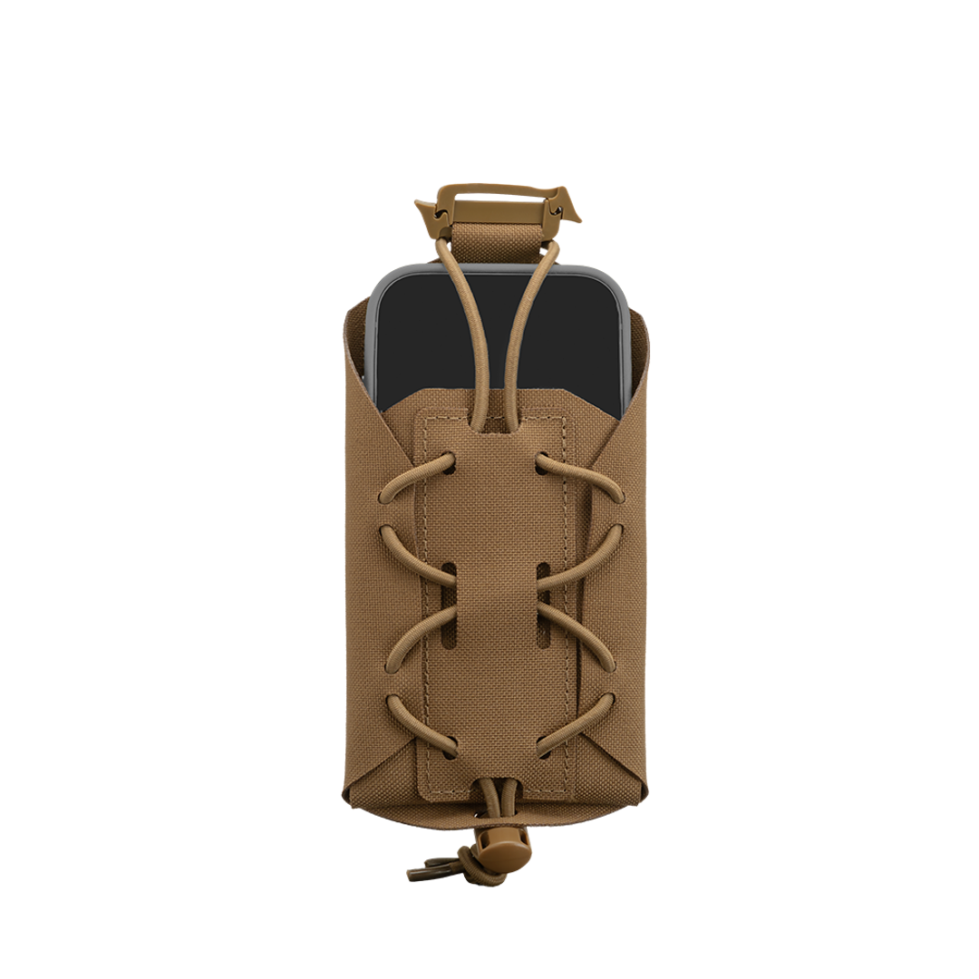 The Condor LACE Phone Pouch in brown, featuring a lace-up front, holds a partially visible black smartphone at the top against a plain white background.