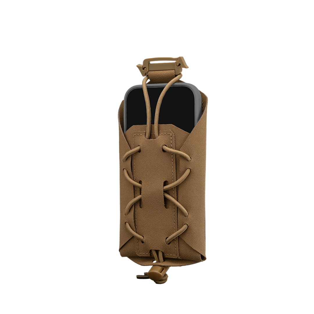 The Condor LACE Phone Pouch is a brown tactical pouch holding a black device, secured by tan elastic cords and a plastic buckle, shown on a plain white background.